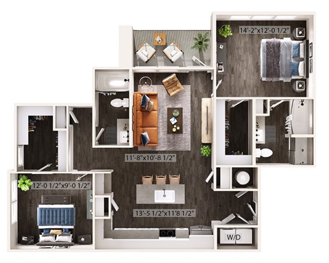 Floor plan for 2 beds, 2 baths, 1162 sqft